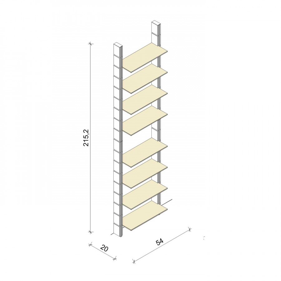 Bücherregal - Basic (XL) 54 - Maß: 54 x 215,2 x 20 cm (B x H x T)